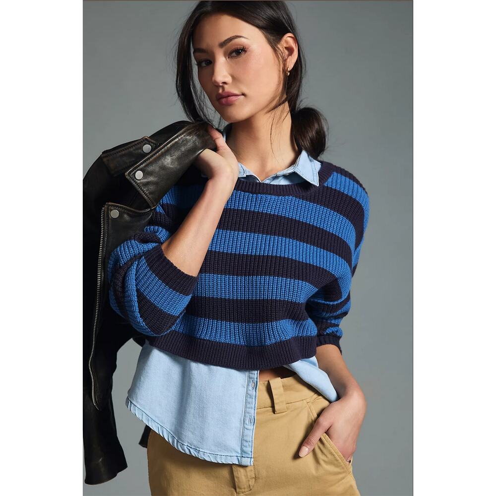 Anthropologie Pilcro Layered Twofer Sweater - Blue Stripe Chambray - M - Picture 2 of 11